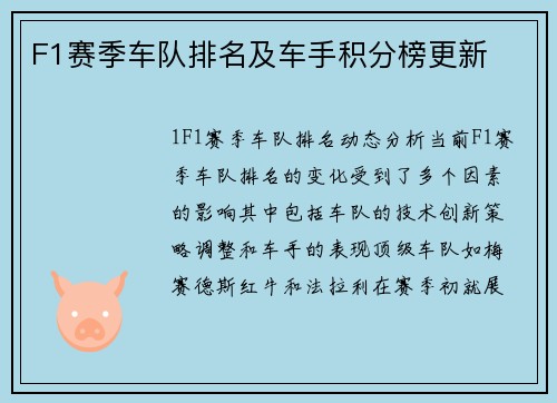 F1赛季车队排名及车手积分榜更新