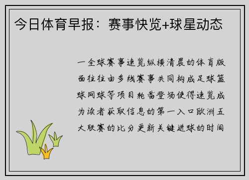 今日体育早报：赛事快览+球星动态